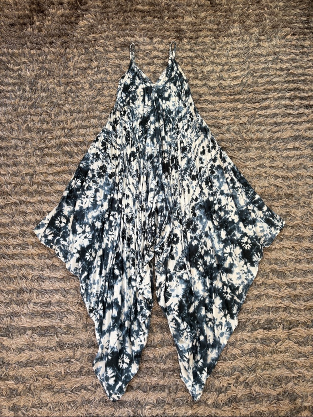 Blue & White Tie-Dye Harem Jumpsuit with Spaghetti Straps & Side Pickets Size S